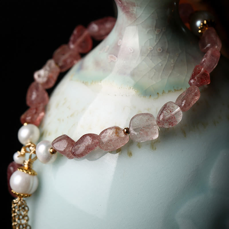 Bracelet de guérison d'amour plaqué or 14 carats avec perles de quartz fraise naturelles