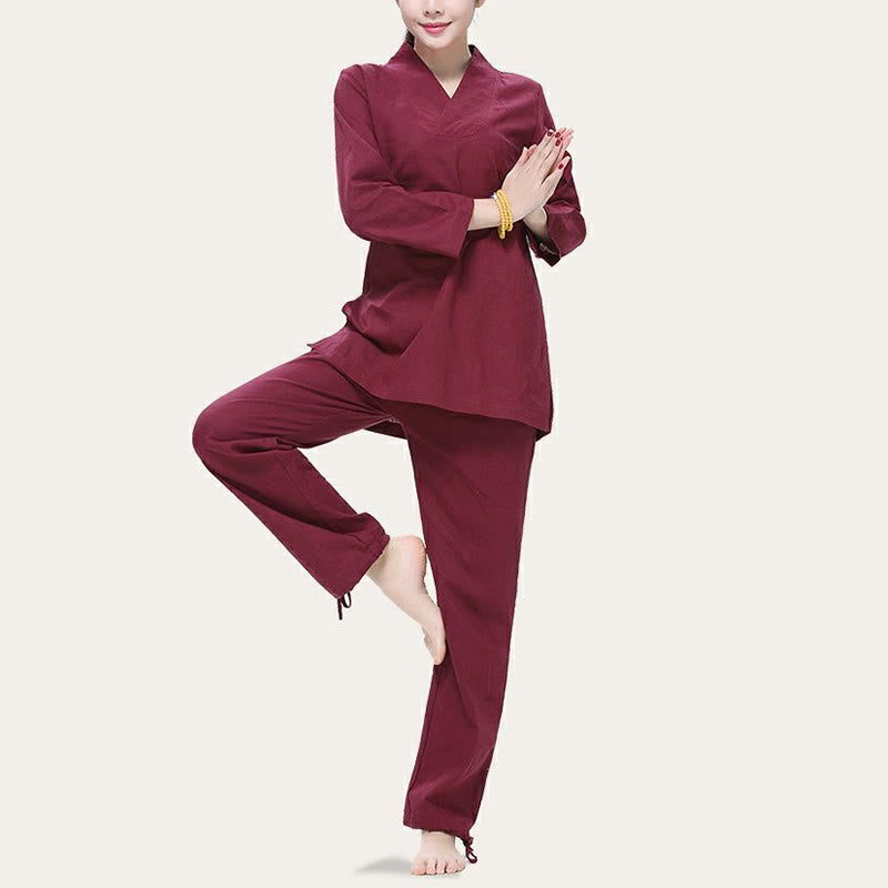 Ensemble de vêtements pour femmes en coton et lin avec Buddha Stones, pratique zen, yoga, méditation, prière, col en V - image 1
