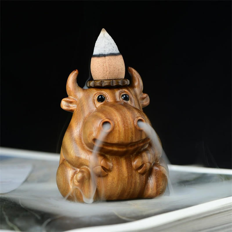 Brûleur d'encens à reflux en Buddha Stones en bois de santal vert et mignon motif de veau pour méditation