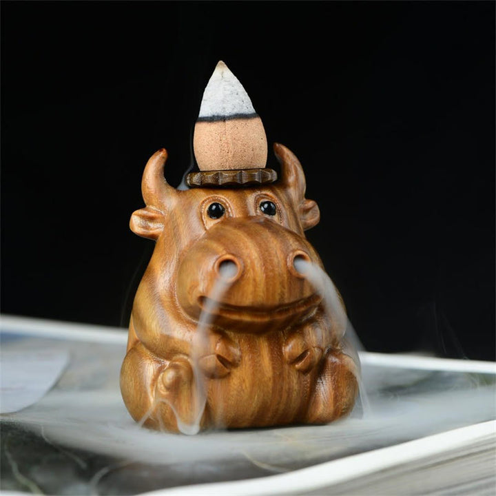 Brûleur d'encens à reflux en Buddha Stones en bois de santal vert et mignon motif de veau pour méditation