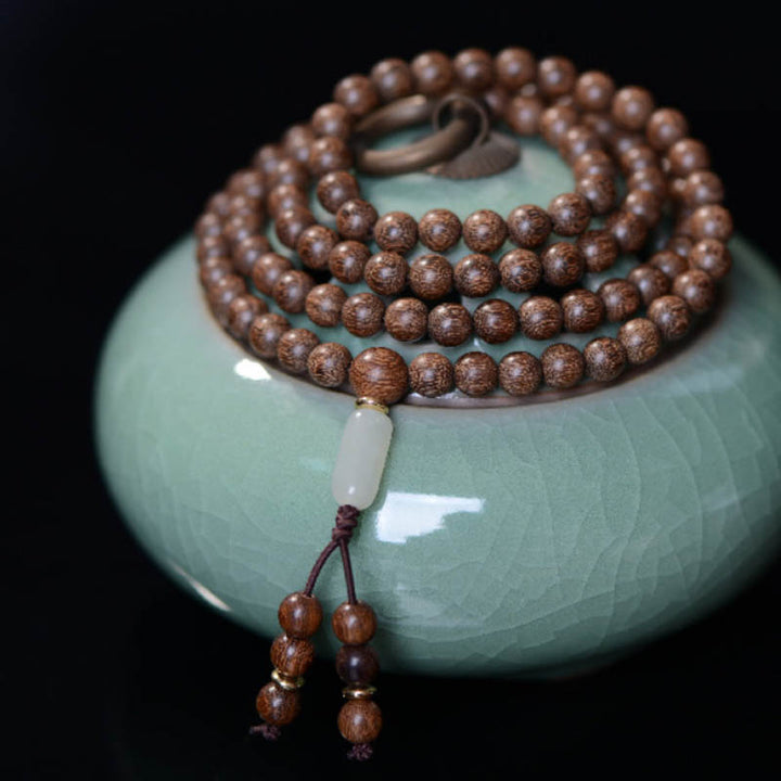Bracelet Mala 108 perles en bois de rose et jade de Buddha Stones