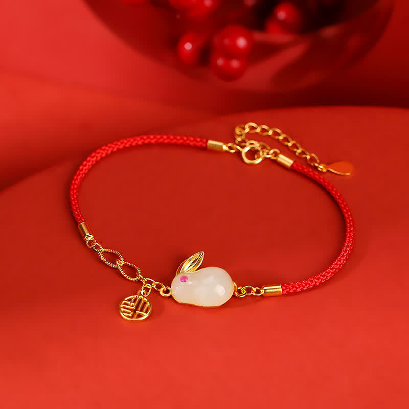 Bracelet en argent sterling 925 avec cordon rouge et jade blanc Hetian de l'année du lapin
