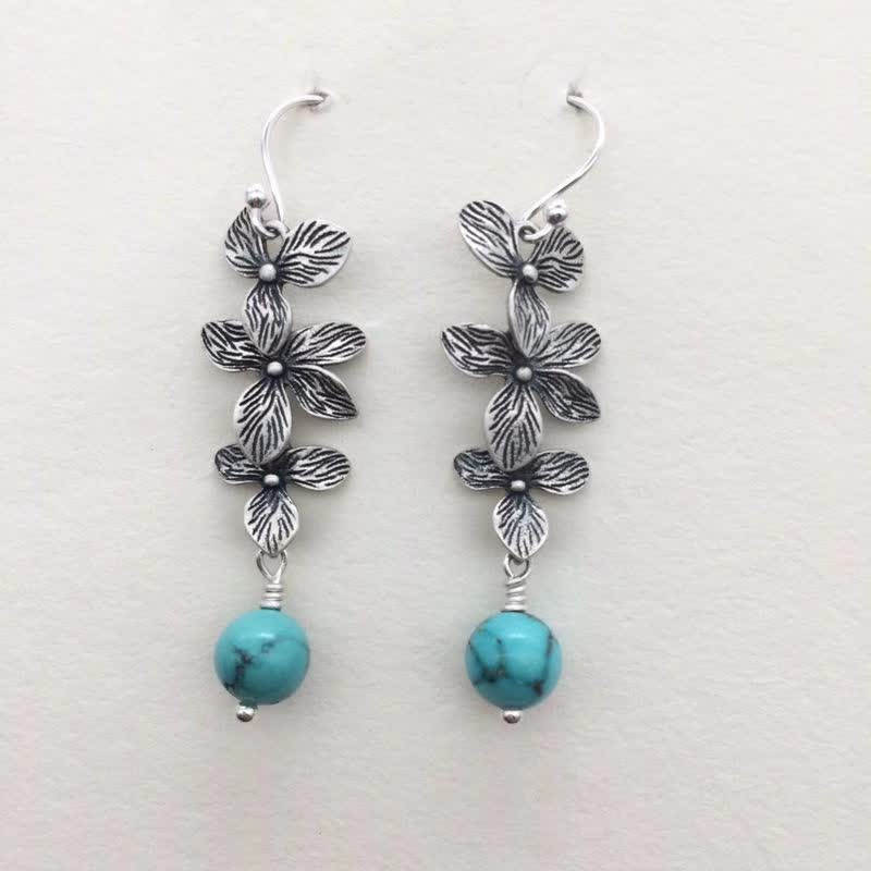 Boucles d'oreilles pendantes en argent sterling 925 avec Buddha Stones , turquoise, lazurite et lapis-lazuli, motif fleur et feuille, symbole de sérénité et de protection. - image 3