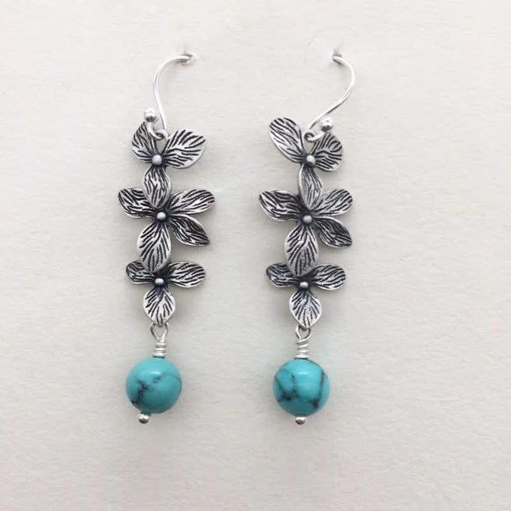 Boucles d'oreilles pendantes en argent sterling 925 avec Buddha Stones , turquoise, lazurite et lapis-lazuli, motif fleur et feuille, symbole de sérénité et de protection. - image 3