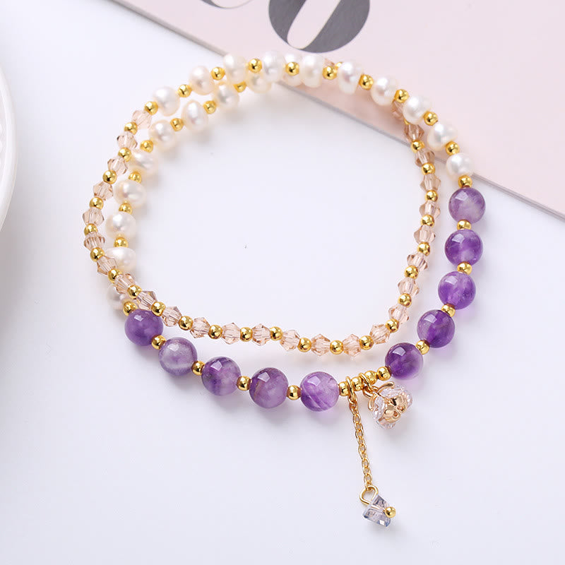 Bracelet double tour en améthyste naturelle, aigue-marine, quartz fraise, perle de guérison de la paix