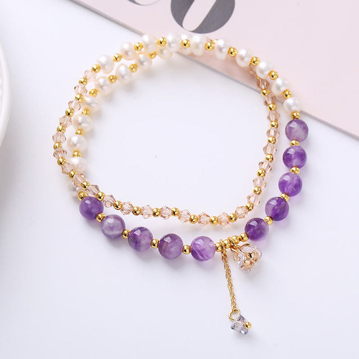 Bracelet double tour en améthyste naturelle, aigue-marine, quartz fraise, perle de guérison de la paix