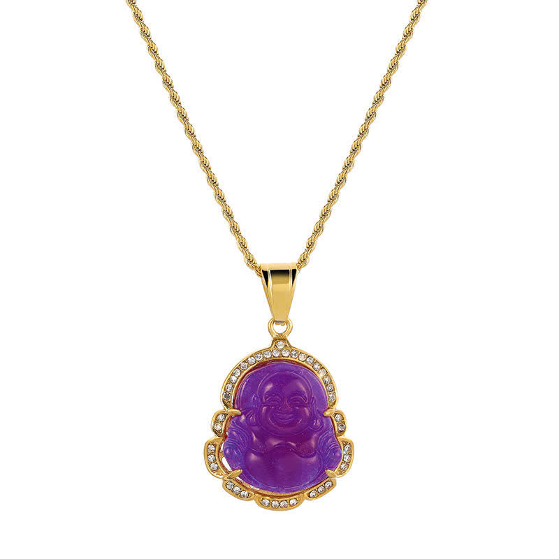 Collier avec pendentif porte-bonheur en jade Bouddha rieur rempli d'or 18 carats de Buddha Stones - Violet - image 18