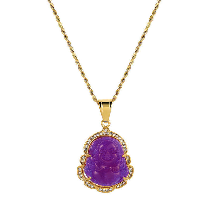 Collier avec pendentif porte-bonheur en jade Bouddha rieur rempli d'or 18 carats de Buddha Stones - Violet - image 18