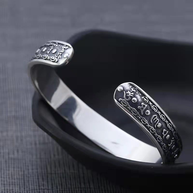 Bracelet manchette de sagesse gravé en argent sterling 925 Buddha Stones Om Mani Padme Hum Double Dorje