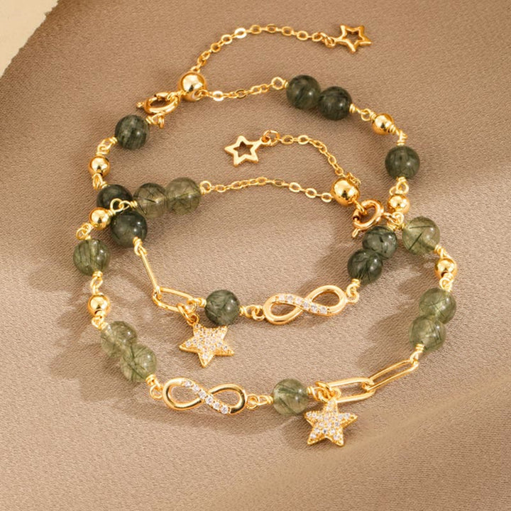 Bracelet de protection en or 14 carats avec quartz rutile vert et boucle Möbius de Buddha Stones, amour éternel et étoile