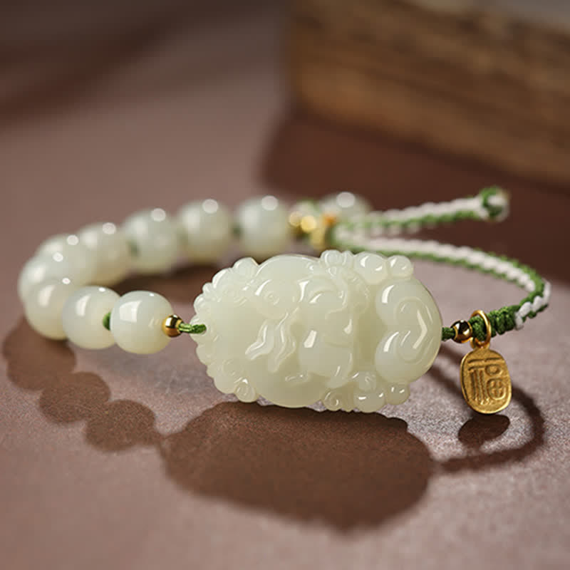 Bracelet porte-bonheur en argent sterling 925 avec jade Hetian et signe du zodiaque chinois