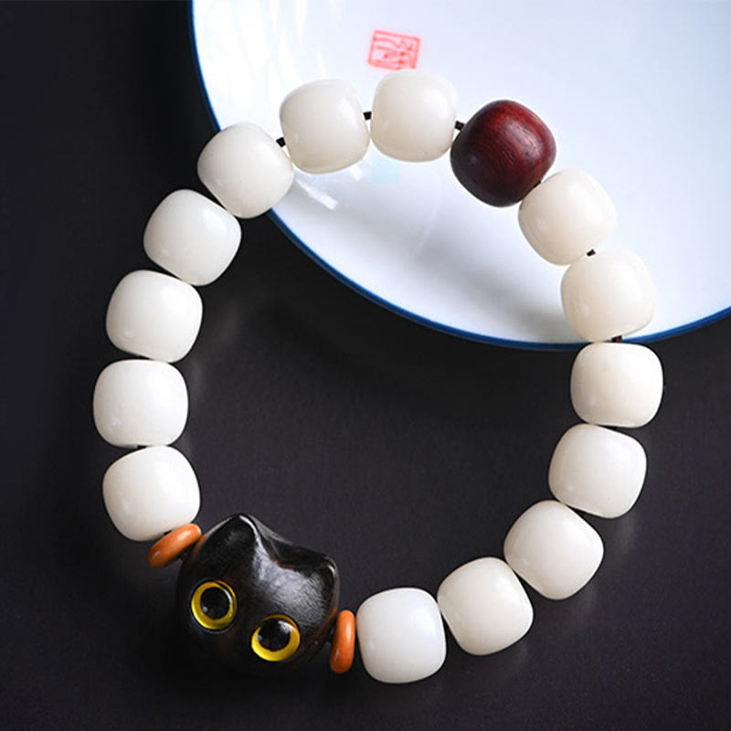 Bracelet de sagesse en Buddha Stones, graine de Bodhi naturelle, petite feuille, bois de santal rouge, bois d'ébène, joli chat porte-bonheur - image 5