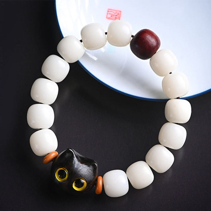 Bracelet de sagesse en Buddha Stones, graine de Bodhi naturelle, petite feuille, bois de santal rouge, bois d'ébène, joli chat porte-bonheur - image 5