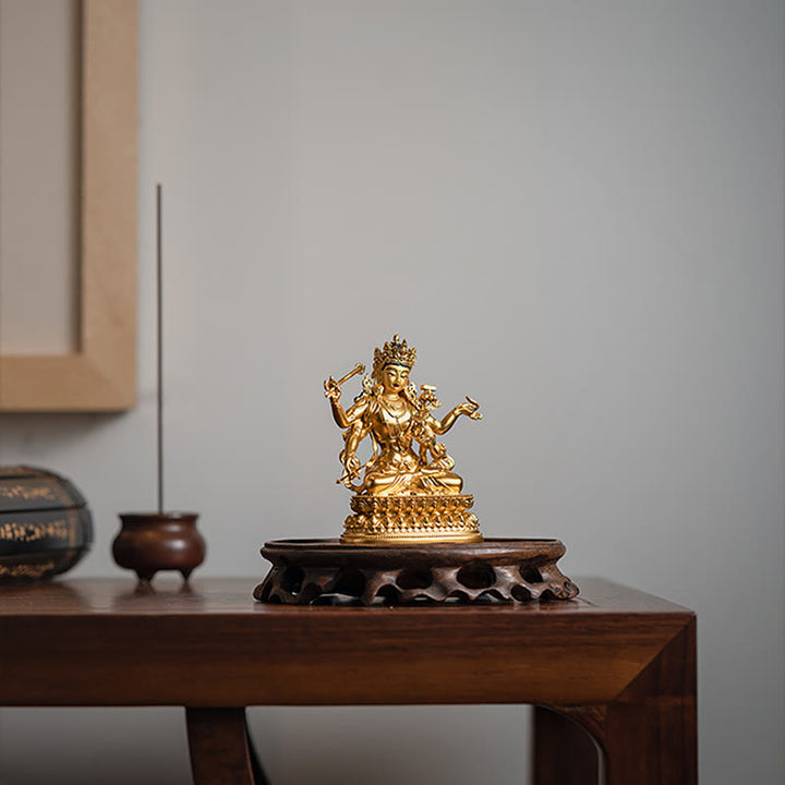 Figurine en or du Bodhisattva Manjusri à quatre bras, statue en cuivre de la compassion et de la sérénité, décoration de la maison