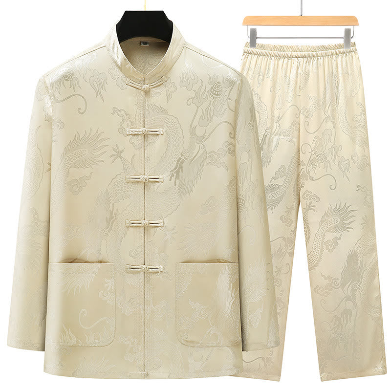 Costume Tang en Buddha Stones pour hommes, vêtements traditionnels chinois Hanfu, chemise de Kung Fu, uniforme, manteau à manches longues, hauts et pantalons, vêtements pour hommes - Beige - US/UK/AU42，EU52 (3XL) - image 17
