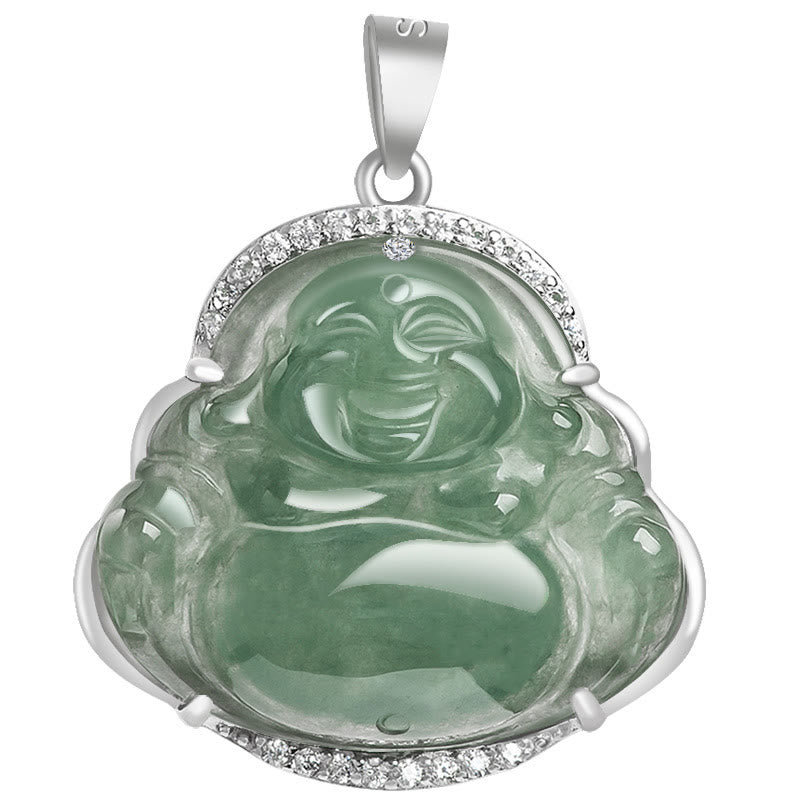 Collier de Buddha Stones en jade naturel, symbole de chance et de prospérité, avec pendentif en acier titane et pierre représentant un Bouddha rieur. - image 6