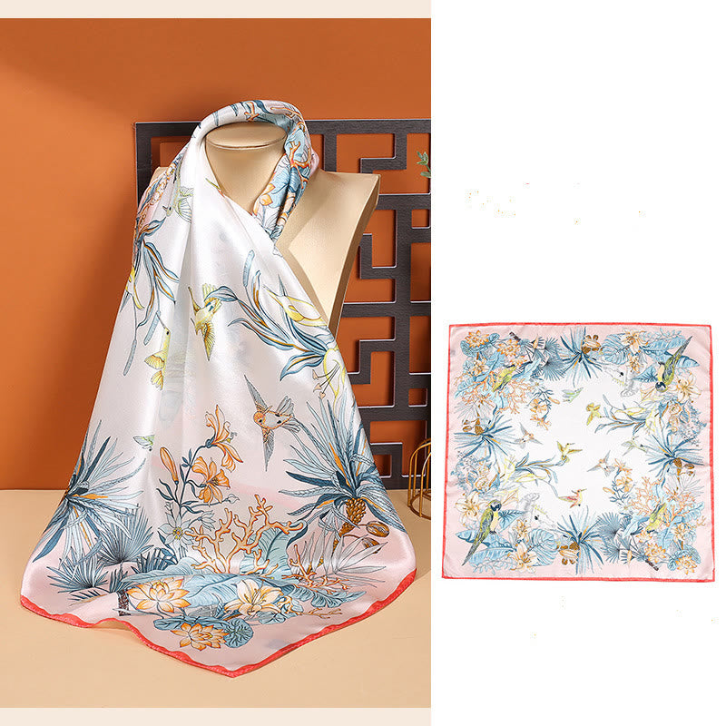 Foulard pour cheveux en soie de mûrier 100 % Buddha Stones et scène pastorale en montgolfière - Fleurs Oiseaux Bordure rose - image 37