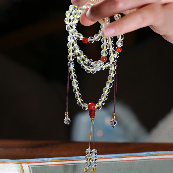 Bracelet de protection quadruple tour en argent sterling 925 avec 108 Buddha Stones Mala en agate blanche naturelle et agate rouge