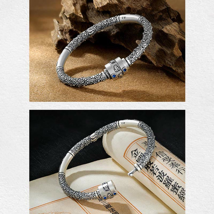 Bracelet de créativité gravé en argent sterling 990 Buddha Stones et nuages de bon augure tibétains Om Mani Padme Hum