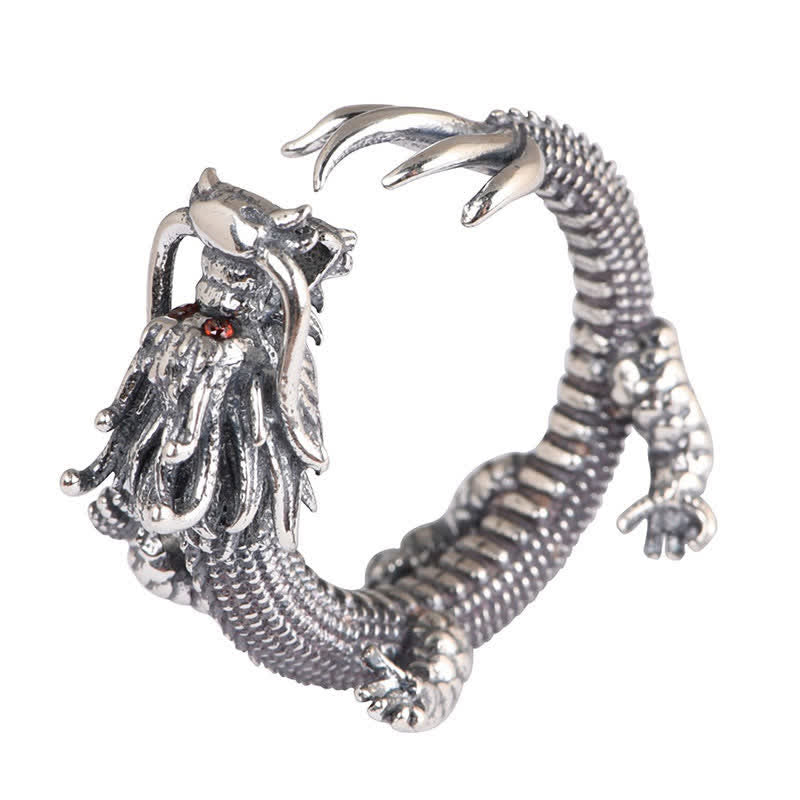 Bague de protection porte-bonheur en argent sterling 925 Buddha Stones et dragon