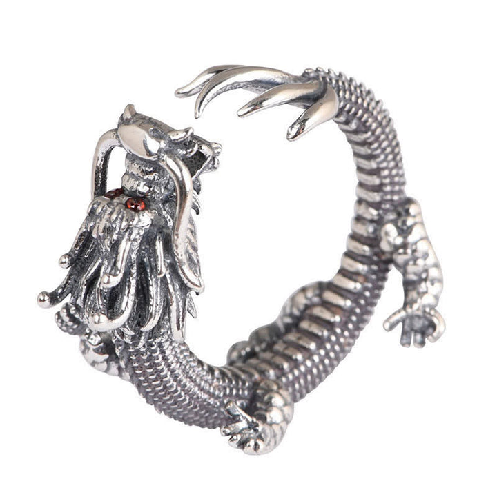 Bague de protection porte-bonheur en argent sterling 925 Buddha Stones et dragon