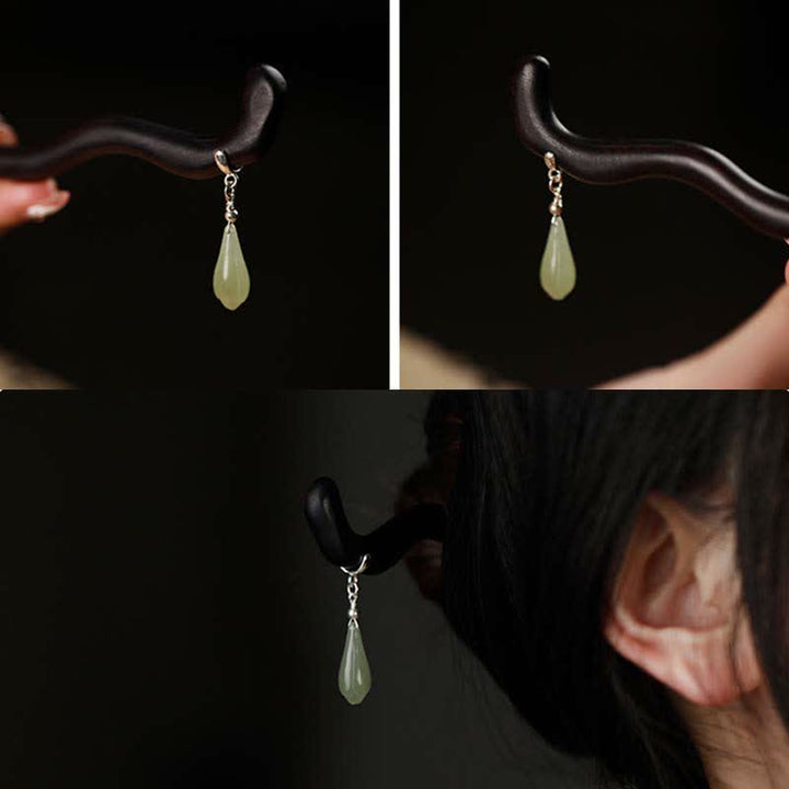 Épingle à cheveux porte-bonheur en bois d'ébène et jade naturel Hetian en argent sterling 925 Buddha Stones