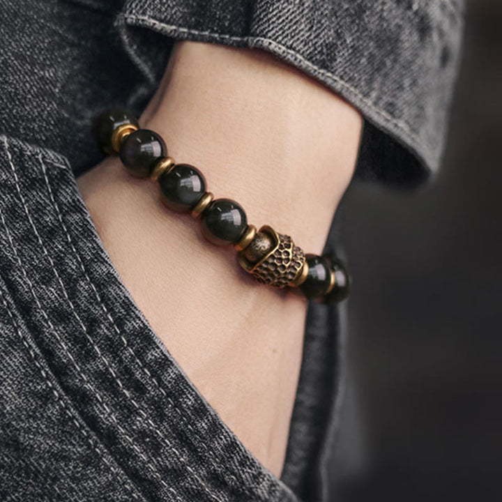 Bracelet de guérison d'amour en cuivre et obsidienne arc-en-ciel avec Buddha Stones