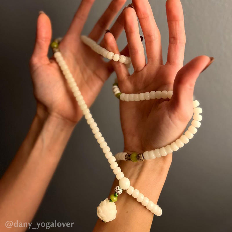 Buddha Stones Jade blanc Bodhi Lotus Mala Collier Harmonie Bracelet - image 19