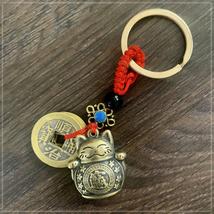 Buddha Stones Feng Shui Cinq pièces d'empereur Chat porte-bonheur Argent Richesse Porte-clés - Chat porte-bonheur - image 1