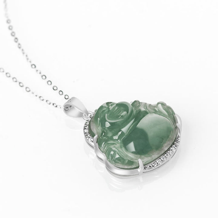 Collier de Buddha Stones en jade naturel, symbole de chance et de prospérité, avec pendentif en acier titane et pierre représentant un Bouddha rieur. - image 2