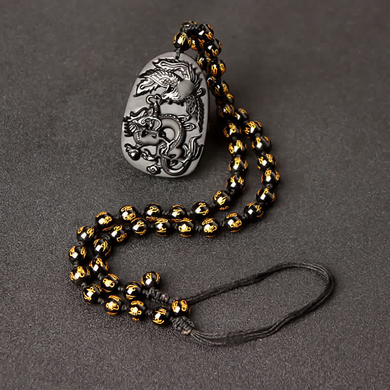 Collier avec pendentif en perles de protection en obsidienne noire œil de tigre dragon phénix - Fil de perles rétractable en or obsidienne - image 11