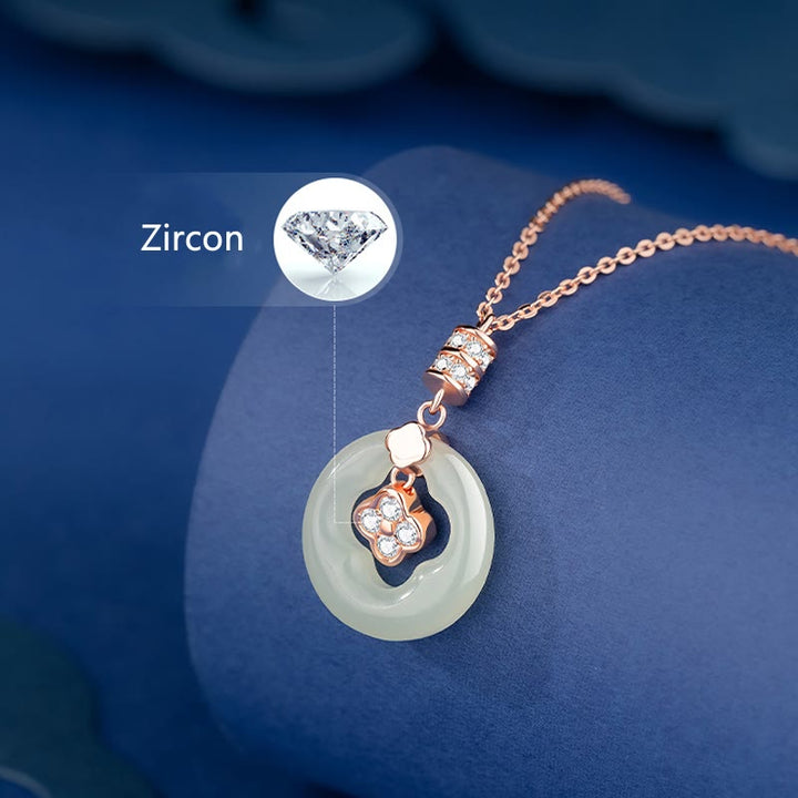 Collier pendentif trèfle à quatre feuilles en argent sterling 925 et jade Hetian naturel avec Buddha Stones et zircon avec boîte cadeau