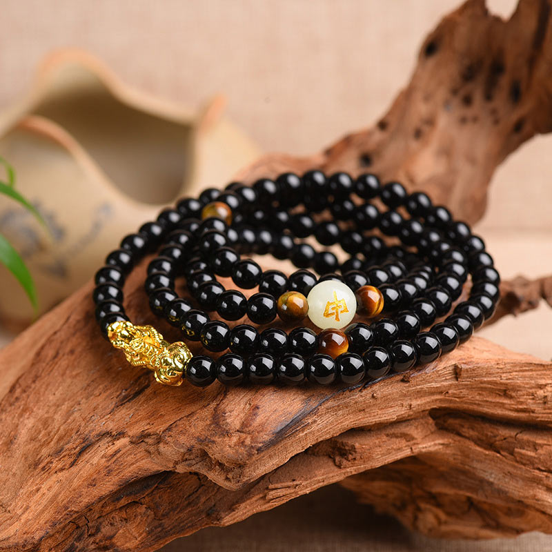 Bracelet Mala de protection PiXiu en obsidienne avec Buddha Stones et zodiaque chinois - Cochon de 8 mm - image 0
