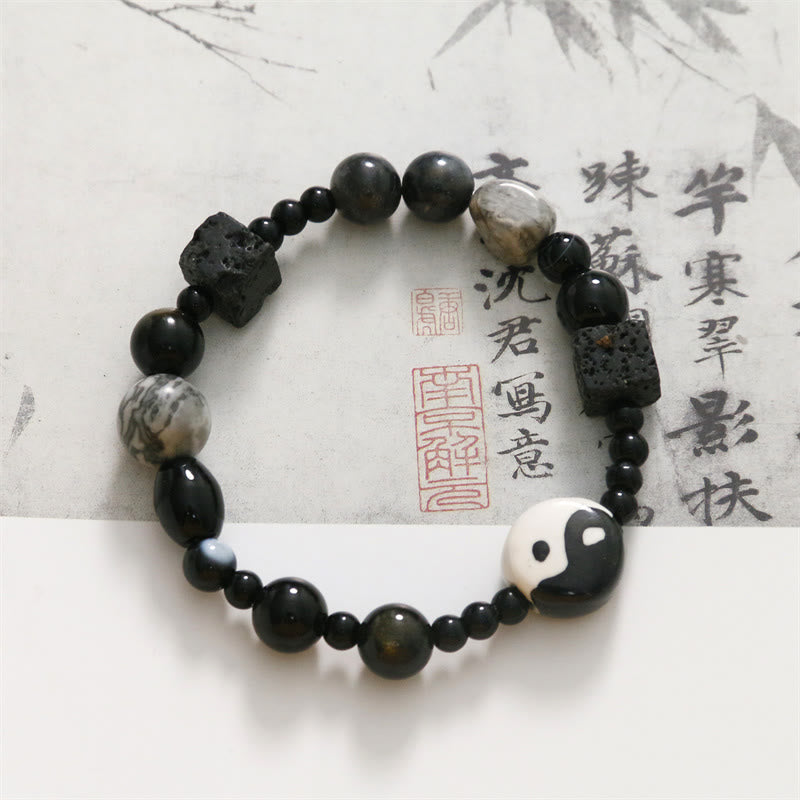 Bracelet de protection de la fortune Yin Yang en perles de jaspe Picasso et onyx noir Buddha Stones