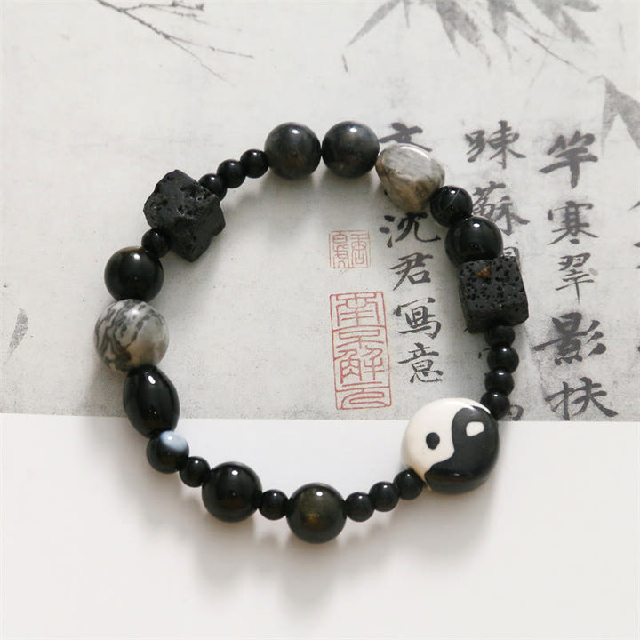 Bracelet de protection de la fortune Yin Yang en perles de jaspe Picasso et onyx noir Buddha Stones