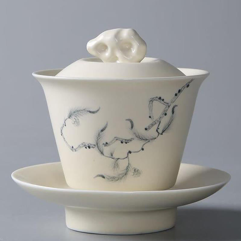 Buddha Stones peintes à la main Grenade Hibiscus Pin Lotus Céramique Gaiwan Sancai Tasse à thé Kung Fu Tasse à thé et soucoupe avec couvercle