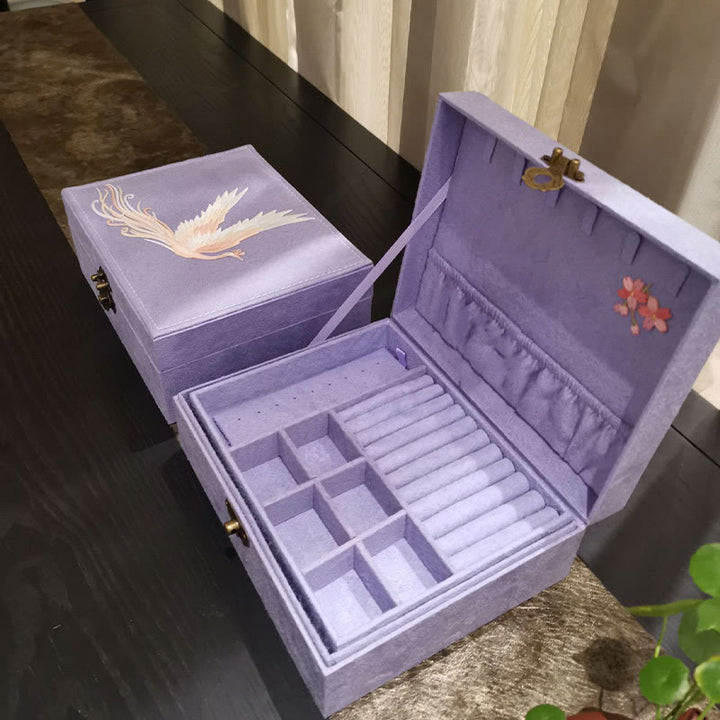 Boîte à bijoux en flanelle à deux niveaux avec Buddha Stones et phénix violet