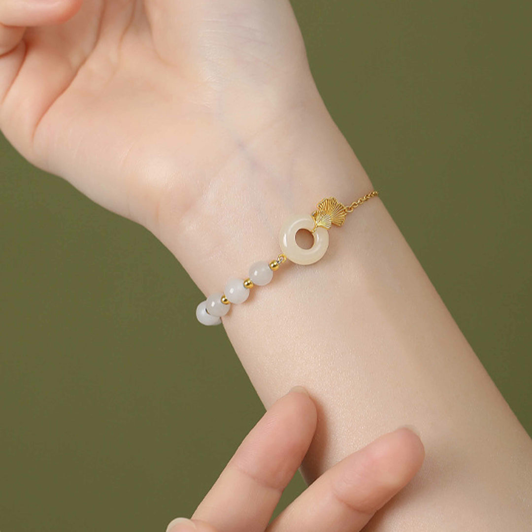 Bracelet Buddha Stones -bonheur en argent sterling 925 avec boucle de paix en jade blanc Hetian et feuilles de ginkgo - image 5