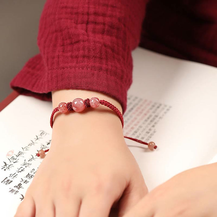Bracelet de cheville tissé en fil rouge avec cristal de quartz fraise naturel Buddha Stones