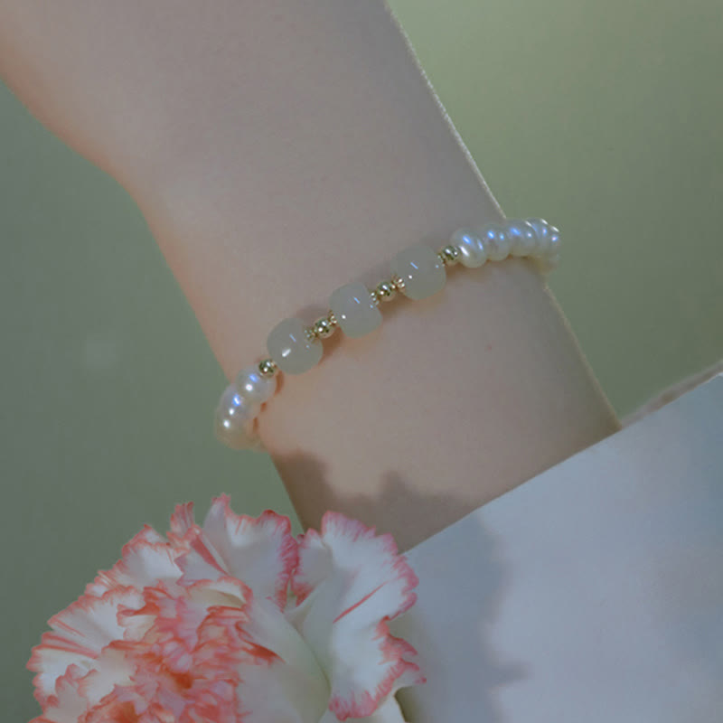 Bracelet chaîne en perles de sincérité en jade blanc cyan Hetian plaqué or 14 carats