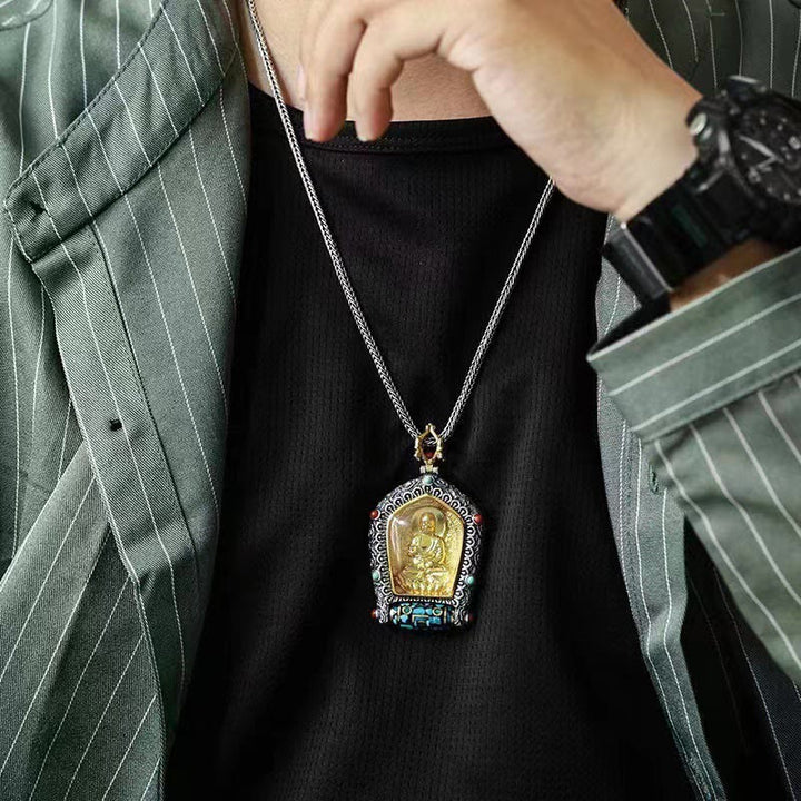 Collier avec pendentif en perles Dzi rotatives du zodiaque chinois tibétain Thangka Bouddha de la prospérité