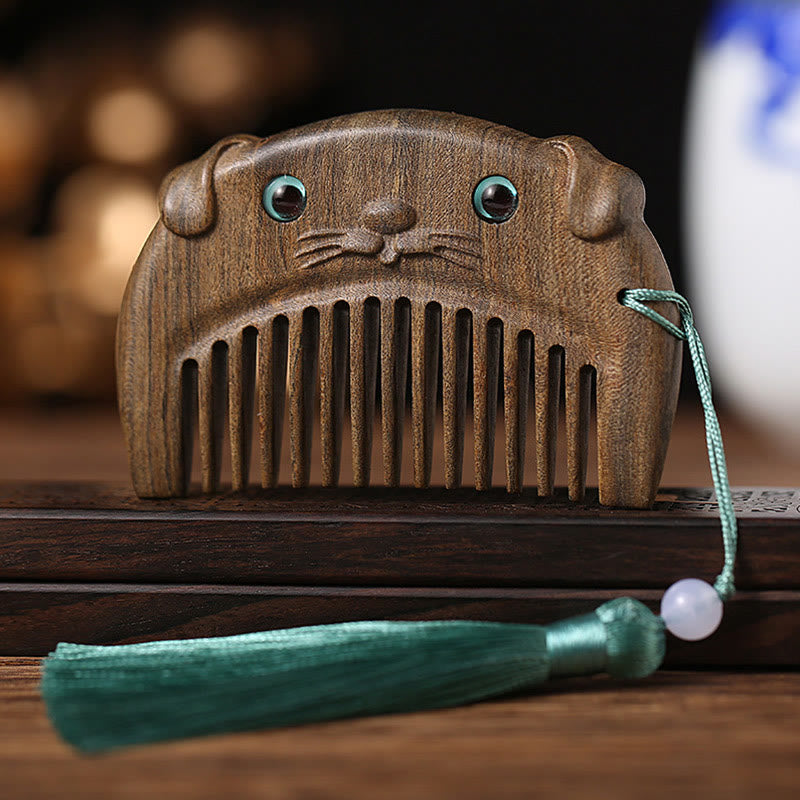 Mini peigne portable en bois de santal vert avec symbole du zodiaque chinois
