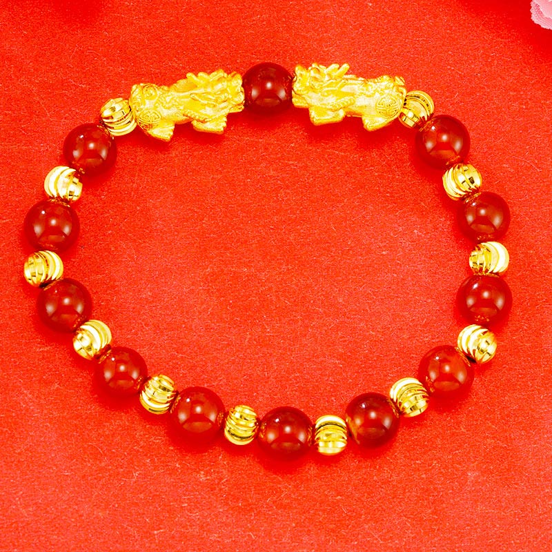 Bracelet de richesse double Pixiu doré galvanisé avec Buddha Stones