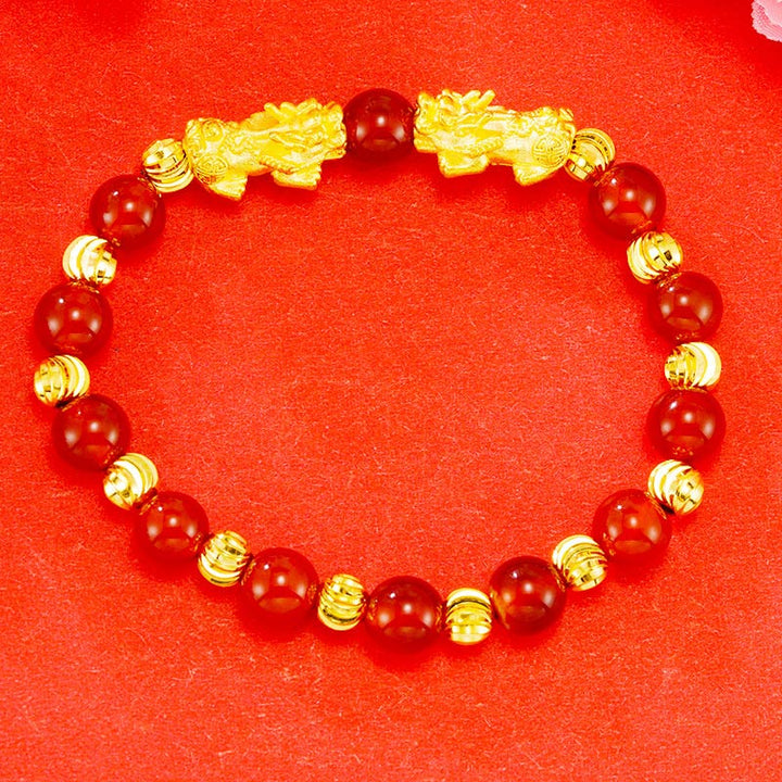 Bracelet de richesse double Pixiu doré galvanisé avec Buddha Stones