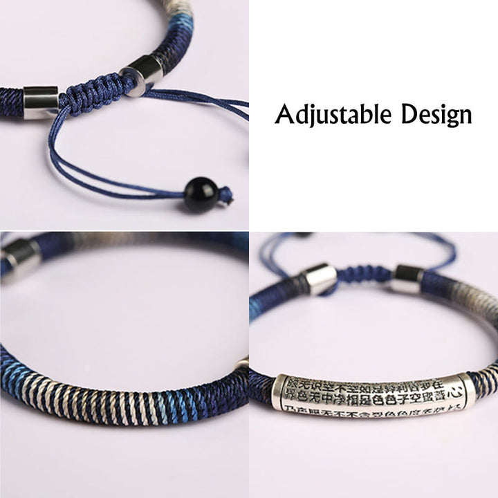 Bracelet tressé fait main en argent sterling 999 Buddha Stones et cœur Sutra Calme