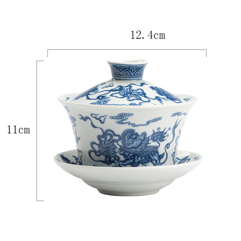 Buddha Stones Porcelaine Bleue et Blanche Lotus Koi Poisson Danse du Lion Pastèque Céramique Gaiwan Sancai Tasse à Thé Kung Fu Tasse à Thé Et Soucoupe Avec Couvercle 300 ml
