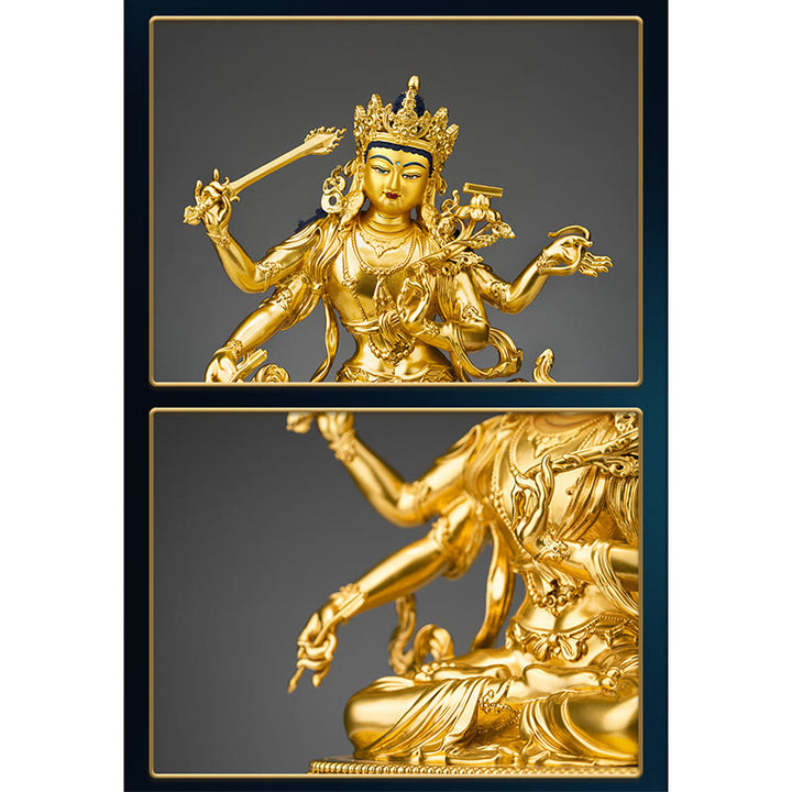 Figurine en or du Bodhisattva Manjusri à quatre bras, statue en cuivre de la compassion et de la sérénité, décoration de la maison