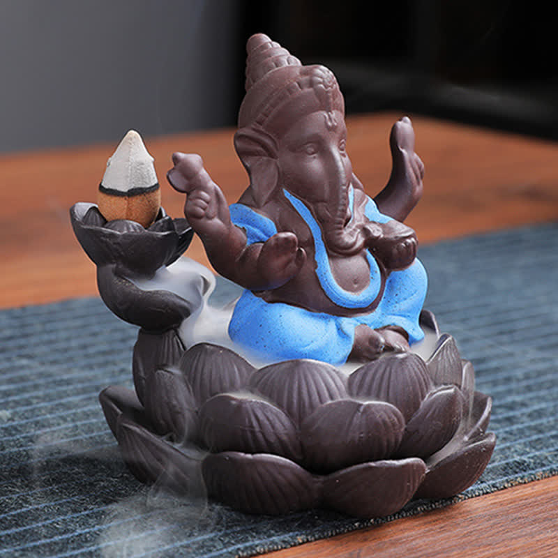 Brûleur d'encens à reflux en argile violette avec protection contre la fumée de l'éléphant Ganesh