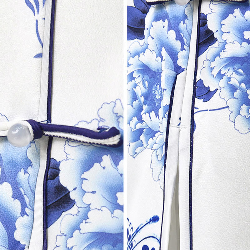Robe Qipao pour femme en porcelaine bleue et blanche avec motif de fleurs de pivoine et pierres de Buddha Stones - image 12