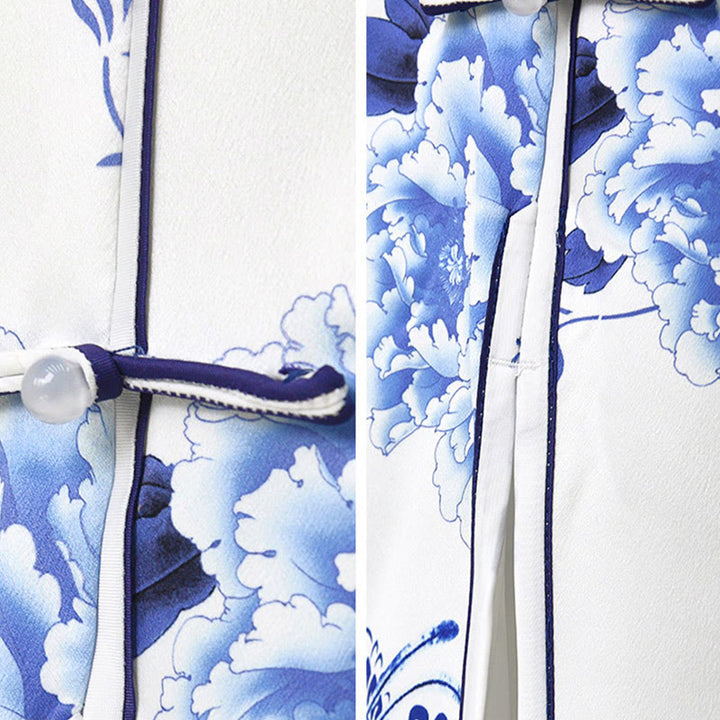 Robe Qipao pour femme en porcelaine bleue et blanche avec motif de fleurs de pivoine et pierres de Buddha Stones - image 12